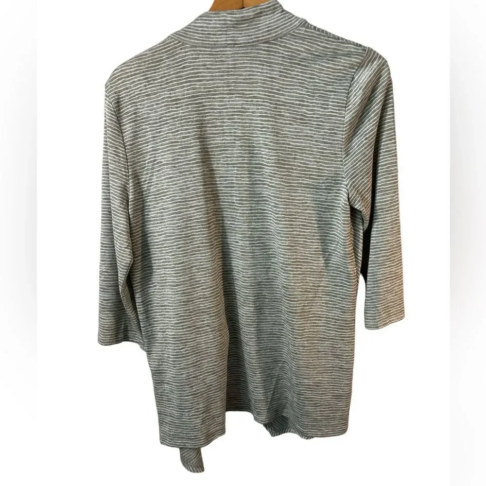 Chico’s Open draped Cardigan 3/4 sleeve grey white pinstripe size 1 Medium